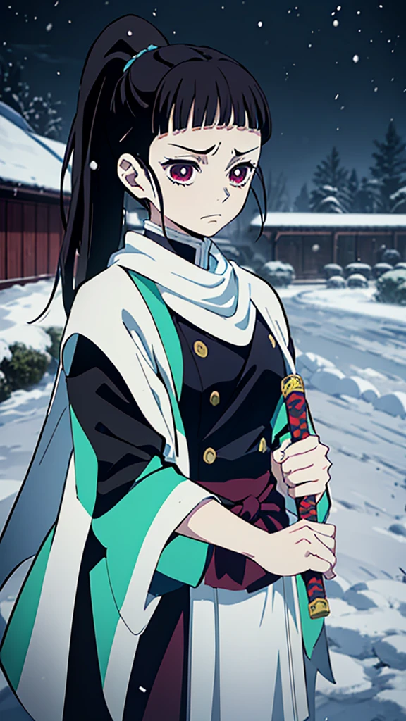 Kimetsu no Yaiba style, 1 girl, a hashira, pretty, long dark brown hair in ponytail, curtain bangs, annoyed expression, noble, Pillar Demon Slayer, wearing demon slayer uniform, snow ability, snow magic, holding a blue demon slayer sword, night, snowing, dark and snowy background, 