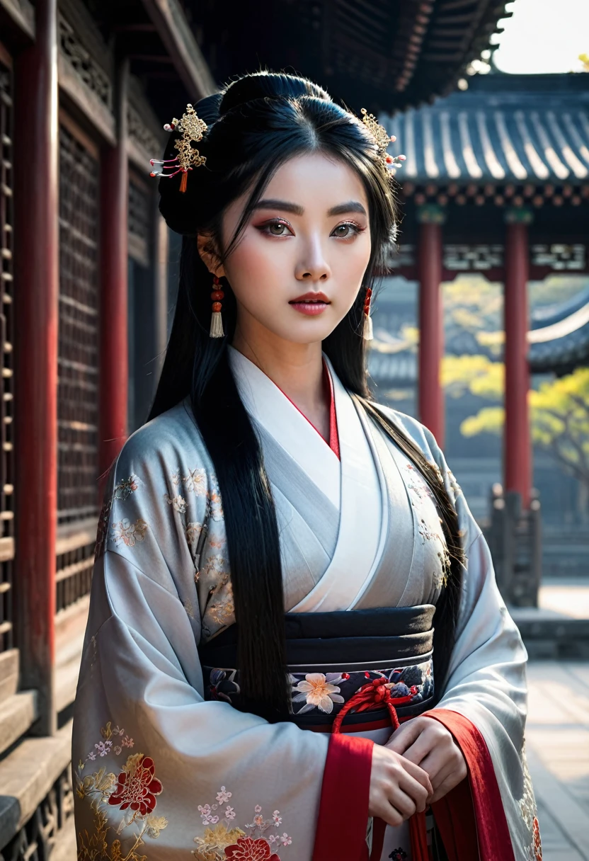 1girl,full body,extremely detailed  face, beautiful detailed eyes,light on face,cinematic lighting,looking at viewer,outdoors,Black hair,(balck Chinese architecture:0.05),hanfu,