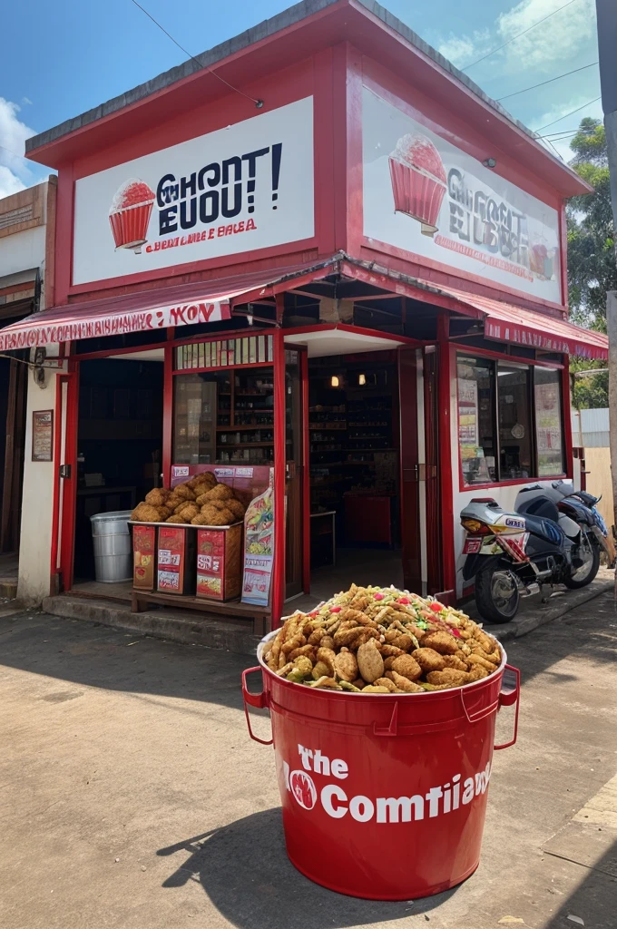 A large, red bucket overflowing with fried chicken. The chicken pieces should be a variety of cuts, such as wings, breasts, thighs, and legs.
Behind the bucket, there could be a banner that says "New Shop Opening in Ramanattukara!" The banner could be decorated with confetti and balloons.
In the background, you could show the exterior of the new shop in Ramanattukara. The shop could be decorated with balloons and a banner that says "Now Open!"