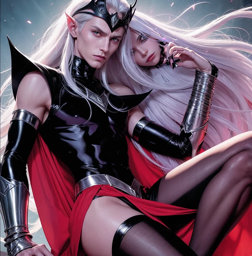 American classic comic book art: Malekith, lilac delicate dark young man with lilac skin, long very straight platinum hair, black tiara with a pointed on the forehead, half black half red elf wizard outfit medieval, metal shoulder pads, metal bracelets, black stockings, beautiful thighs, very young face boy evil eyes, black nails, violet energy, red skirt, delicate body boy, hal black tight t-shirt, Marvel Malekith, half red outfit, villain classic comic book
