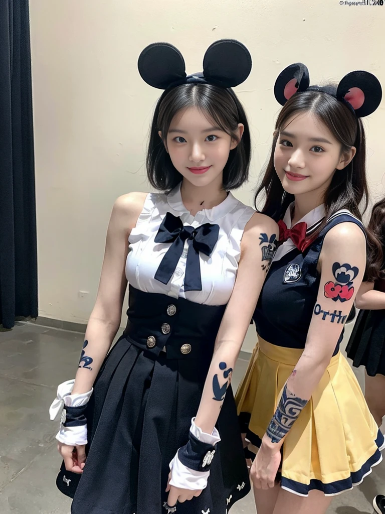 (A super cute Korean high school girl duo dressed up as Mickey Mouse takes a photo 1.2)(grin,Smile)(Beautiful Sweat:1.1)(16K, RAW Photos, Highest quality, masterpiece: 1.2),(Beautiful short bob hair with even bangs, black hair) Super detailed, Super Resolution, (Genuine, Genuine photos: 1.37), Portraiture, High-resolution RAW color photos, Professional photos, Very detailed, 8k wallpaper, Very detailed CG Unity 8k wallpaper, Very detailed beautiful girls, Very detailed faces, ((whole body)), beautiful woman, Huge breasts,(huge boobs:1.1) (Big Boobs:1.1), Beauty college student( (A tight, girly, navy sleeveless with ribbon),) (Mickey Mouse headband),high school girl, Korean Girls,(K-POP Female Idols), (Idol-class beauty)(Beautiful high school girl:1.1)(Disneyland)(18-year-old)(Stylish school uniform-style outfit:1.1)(Group photo:1.1)(Tattoo,Tattoo:1.4)
