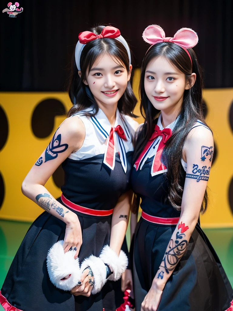 (A super cute Korean high school girl duo dressed up as Mickey Mouse takes a photo 1.2)(grin,Smile)(Beautiful Sweat:1.1)(16K, RAW Photos, Highest quality, masterpiece: 1.2),(Beautiful short bob hair with even bangs, black hair) Super detailed, Super Resolution, (Genuine, Genuine photos: 1.37), Portraiture, High-resolution RAW color photos, Professional photos, Very detailed, 8k wallpaper, Very detailed CG Unity 8k wallpaper, Very detailed beautiful girls, Very detailed faces, ((whole body)), beautiful woman, Huge breasts,(huge boobs:1.1) (Big Boobs:1.1), Beauty college student( (A tight, girly, navy sleeveless  with ribbon),) (Mickey Mouse headband),high school girl, Korean Girls,(K-POP Female Idols), (Idol-class beauty)(Beautiful high school girl:1.1)(Disneyland)(18-year-old)(Stylish school uniform-style outfit:1.1)(Group photo:1.1)(Tattoo,Tattoo:1.4)