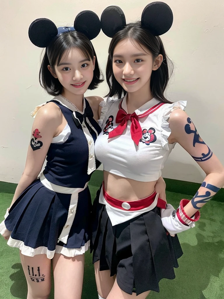 (A super cute Korean high school girl duo dressed up as Mickey Mouse takes a photo 1.2)(grin,Smile)(Beautiful Sweat:1.1)(16K, RAW Photos, Highest quality, masterpiece: 1.2),(Beautiful short bob hair with even bangs, black hair) Super detailed, Super Resolution, (Genuine, Genuine photos: 1.37), Portraiture, High-resolution RAW color photos, Professional photos, Very detailed, 8k wallpaper, Very detailed CG Unity 8k wallpaper, Very detailed beautiful girls, Very detailed faces, ((whole body)), beautiful woman, Huge breasts,(huge boobs:1.1) (Big Boobs:1.1), Beauty college student( (A tight, girly, navy sleeveless  with ribbon),) (Mickey Mouse headband),high school girl, Korean Girls,(K-POP Female Idols), (Idol-class beauty)(Beautiful high school girl:1.1)(Disneyland)(18-year-old)(Stylish school uniform-style outfit:1.1)(Group photo:1.1)(Tattoo,Tattoo:1.4)