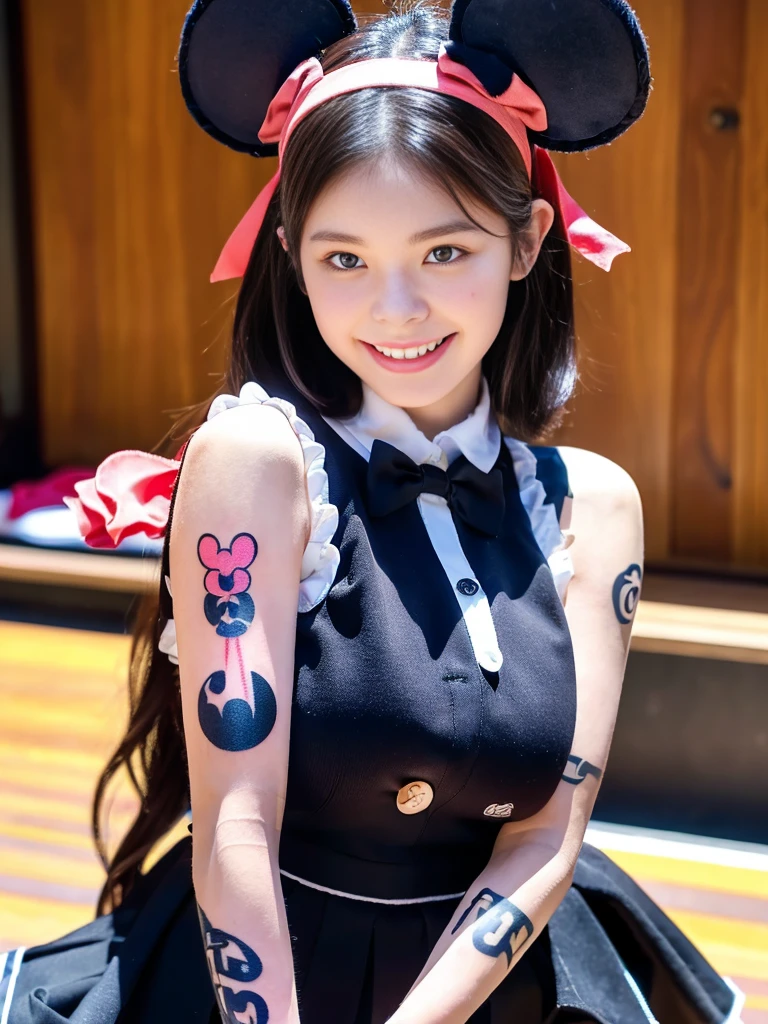 (A super cute Korean high school girl duo dressed up as Mickey Mouse takes a photo 1.2)(grin,Smile)(Beautiful Sweat:1.1)(16K, RAW Photos, Highest quality, masterpiece: 1.2),(Beautiful short bob hair with even bangs, black hair) Super detailed, Super Resolution, (Genuine, Genuine photos: 1.37), Portraiture, High-resolution RAW color photos, Professional photos, Very detailed, 8k wallpaper, Very detailed CG Unity 8k wallpaper, Very detailed beautiful girls, Very detailed faces, ((whole body)), beautiful woman, Huge breasts,(huge boobs:1.1) (Big Boobs:1.1), Beauty college student( (A tight, girly, navy sleeveless with ribbon),) (Mickey Mouse headband),high school girl, Korean Girls,(K-POP Female Idols), (Idol-class beauty)(Beautiful high school girl:1.1)(Disneyland)(18-year-old)(Stylish school uniform-style outfit:1.1)(Group photo:1.1)(Tattoo,Tattoo:1.4)