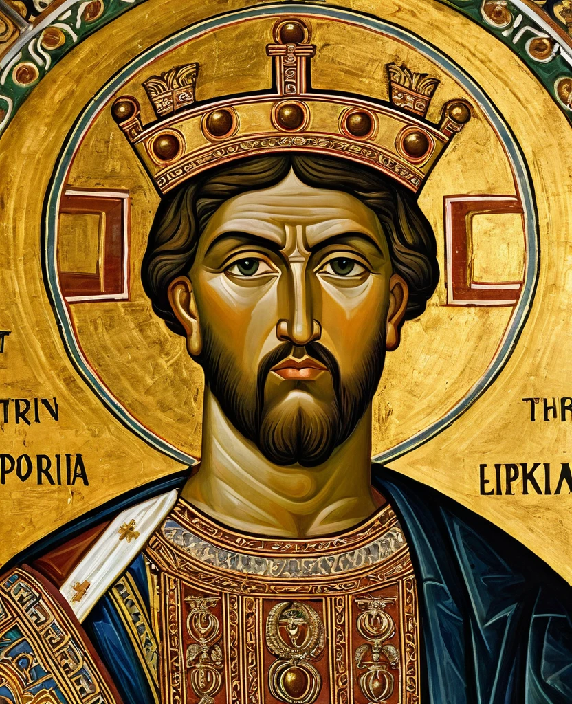 ((best qualityer)), ((work of art)), (detailded), Byzantine emperor, (Justinian), historic photo, meticulously detailed, best pose, best photo, best known portrait, 6th century, Greek-Slavic ethnicity, skin detailed, roman emperor, do the same