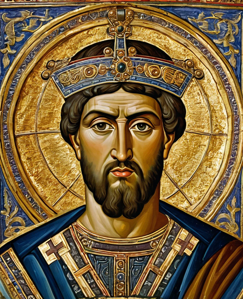 ((best qualityer)), ((work of art)), (detailded), Byzantine emperor, (Justinian), historic photo, meticulously detailed, best pose, best photo, best known portrait, 6th century, Greek-Slavic ethnicity, skin detailed, roman emperor, do the same