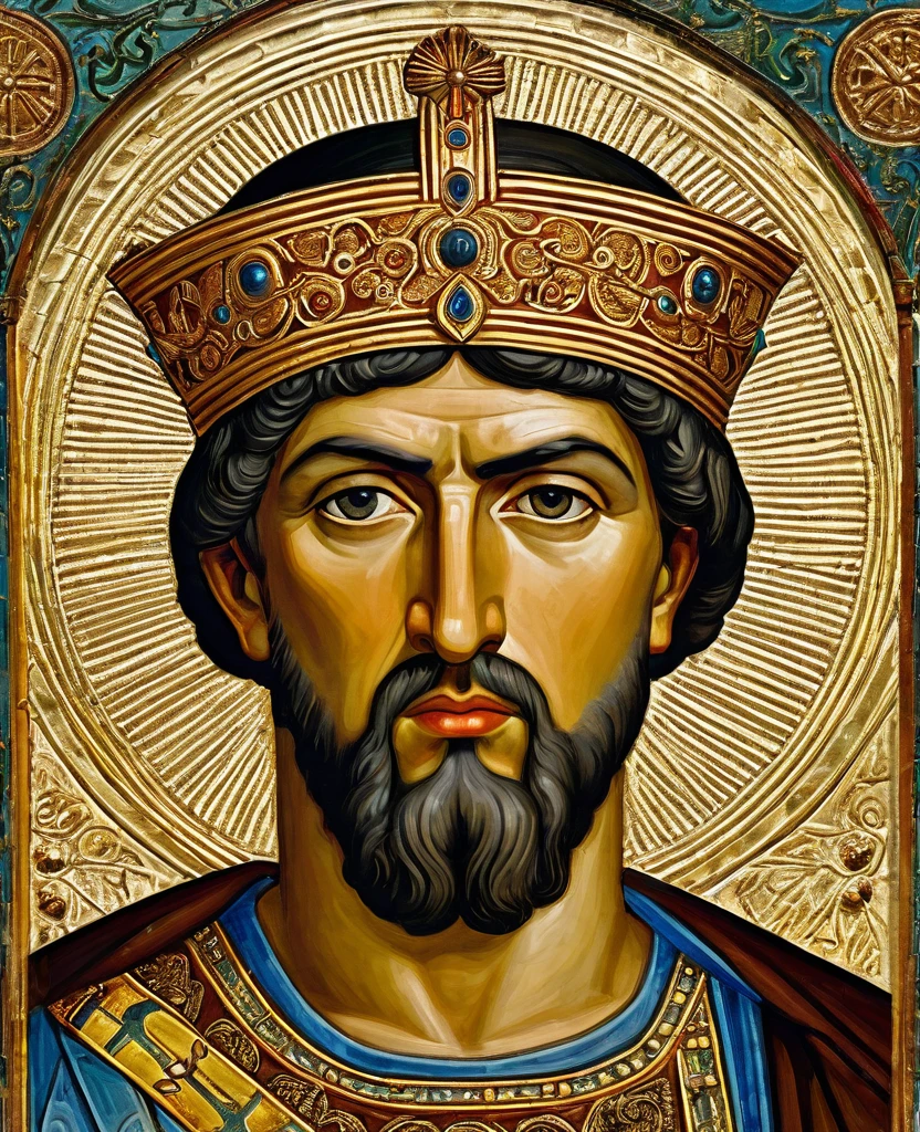 ((best qualityer)), ((work of art)), (detailded), Byzantine emperor, (Justinian), historic photo, meticulously detailed, best pose, best photo, best known portrait, 6th century, Greek-Slavic ethnicity, skin detailed, roman emperor, do the same