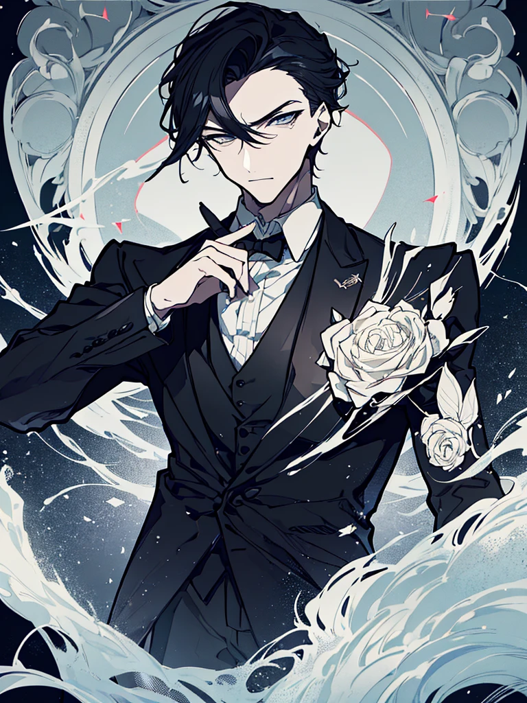 A man with an attractive and mysterious appearance. wearing an elegant dark suit, complete with a neat black tie. His hair is white and regular, creating a firm yet mysterious impression. Sharp eyes imply intelligence and deep observation. an aura of strong self-confidence, which conveys a figure that is not easy to approach but is very strong.