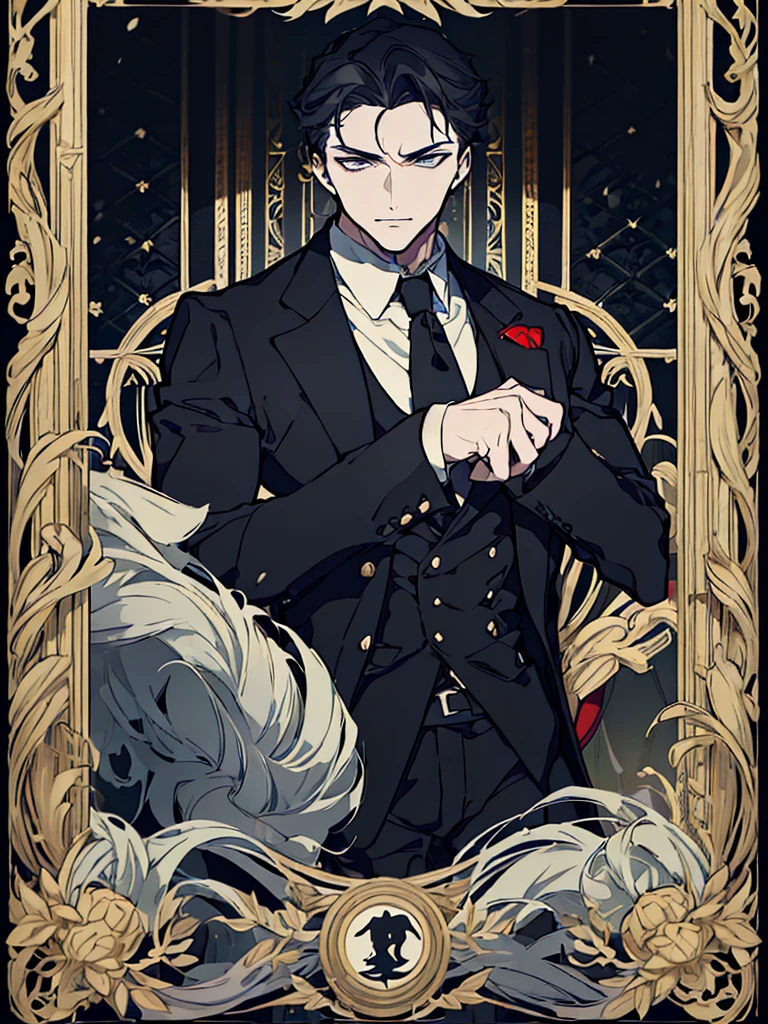 A man with an attractive and mysterious appearance. wearing an elegant dark suit, complete with a neat black tie. His hair is white and regular, creating a firm yet mysterious impression. Sharp eyes imply intelligence and deep observation. an aura of strong self-confidence, which conveys a figure that is not easy to approach but is very strong.