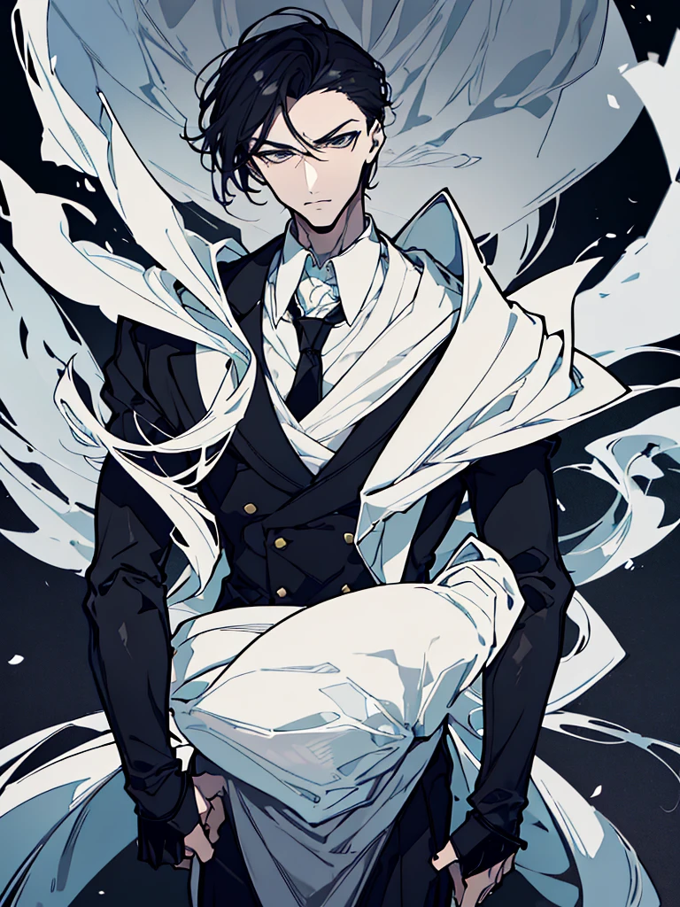 A man with an attractive and mysterious appearance. wearing an elegant dark suit, complete with a neat black tie. His hair is white and regular, creating a firm yet mysterious impression. Sharp eyes imply intelligence and deep observation. an aura of strong self-confidence, which conveys a figure that is not easy to approach but is very strong.