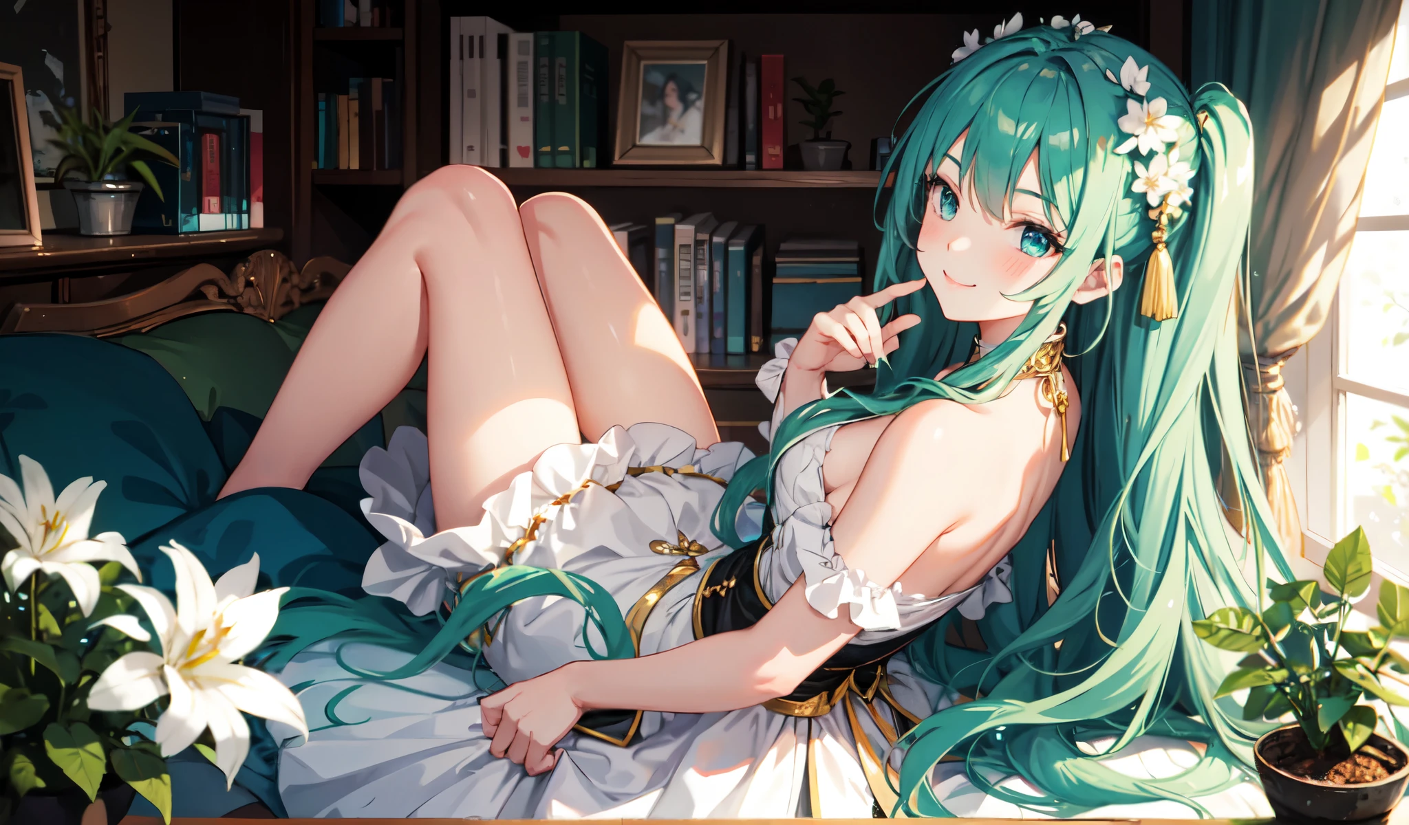 Draw a single woman. Create a high-quality anime image of a beautiful female character with long, flowing aqua-green hair adorned with white flowers. She has large, sparkling blue eyes and a gentle smile with a slight blush on her cheeks. The character wears a stylish black outfit with intricate details, including black ruffled sleeves and a cross-strap design on the back. A pink ribbon and a golden heart accentuate her waist. She is looking towards you, winking and smiling very much.
The setting is a bright, cozy room with sunlight streaming in from the ceiling giving the character a warm glow. The background includes a small bookshelf, green plants and other elements that contribute to a calm, inviting atmosphere.
The overall atmosphere of the image should be bright and a little flirty, highlighting the character's charm and attractive personality. arched back