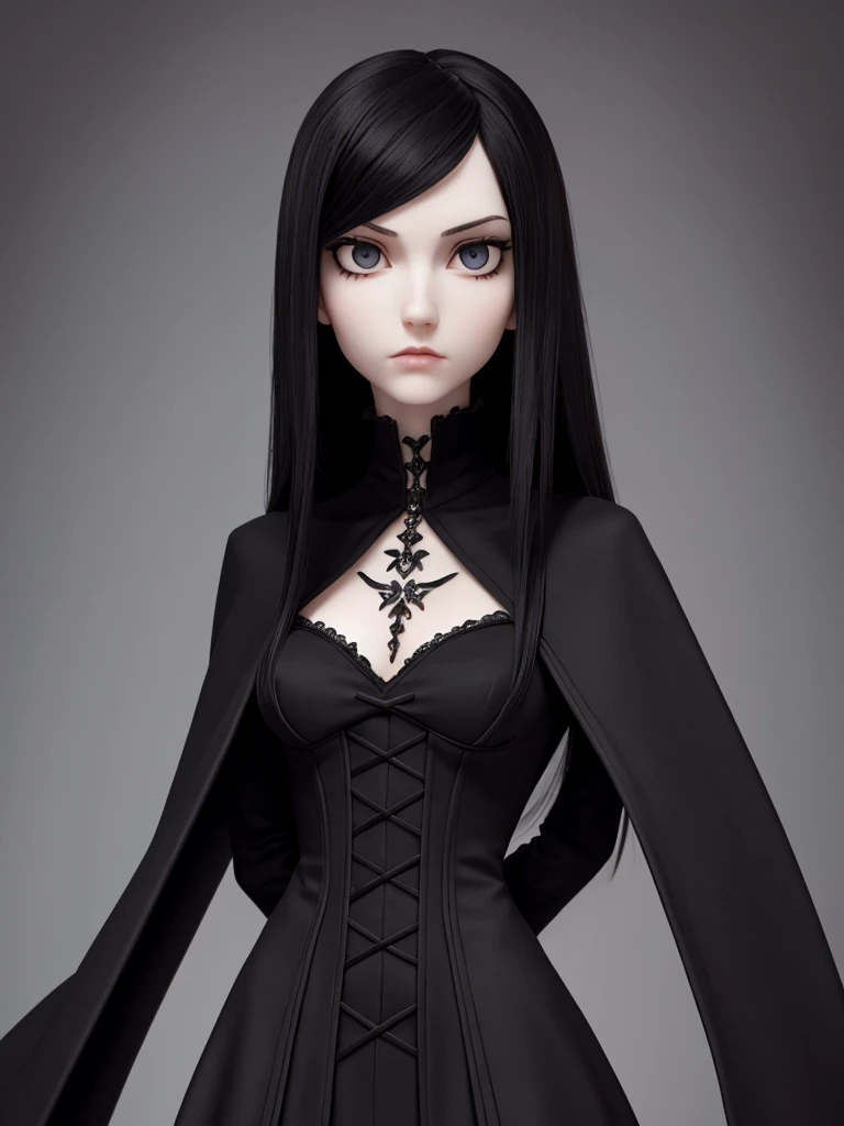 (best quality), 1girl, female, pale skin, (black hair), long hair, straight hair, grey eyes, perfect eyes, slender, tall, (gothic clothes), stylish, elegant, serious, normal bust, masterpiece, anatomically correct, highres