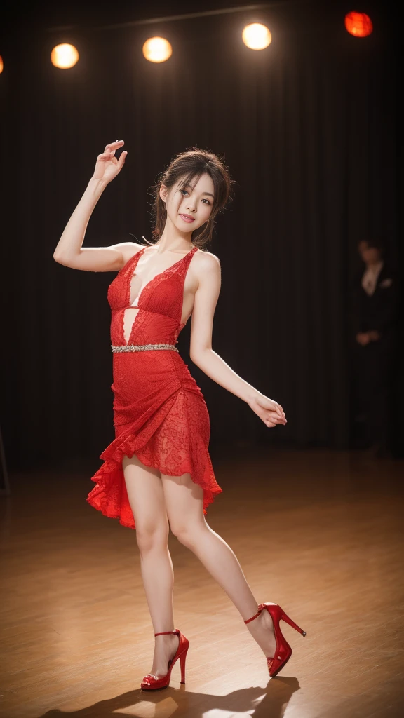 a Chinese woman with beautiful Delicate eyes, Beautiful and delicate lips, Extremely detailed face and skin, Pale skin, 23 years old,wearing a red dress, skirt, high heels, medium long shot, dancing in the dance hall, beautiful lights,Full breasts，long legs, full body portrait. Beautiful photography，Long eyelashes, Good anatomy , Practical skin texture, Delicate eyes, professional, 4K, Wide-angle lens, Optical Depth of Field, Kodak Vision Color, Perfectly proportioned body, Extremely detailed, ultra-photoPractical, Practical, Post-Processing, Maximum details, Roughness, real life, ultra -Practical, Photorealism, photography, 8k Ultra HD, photography