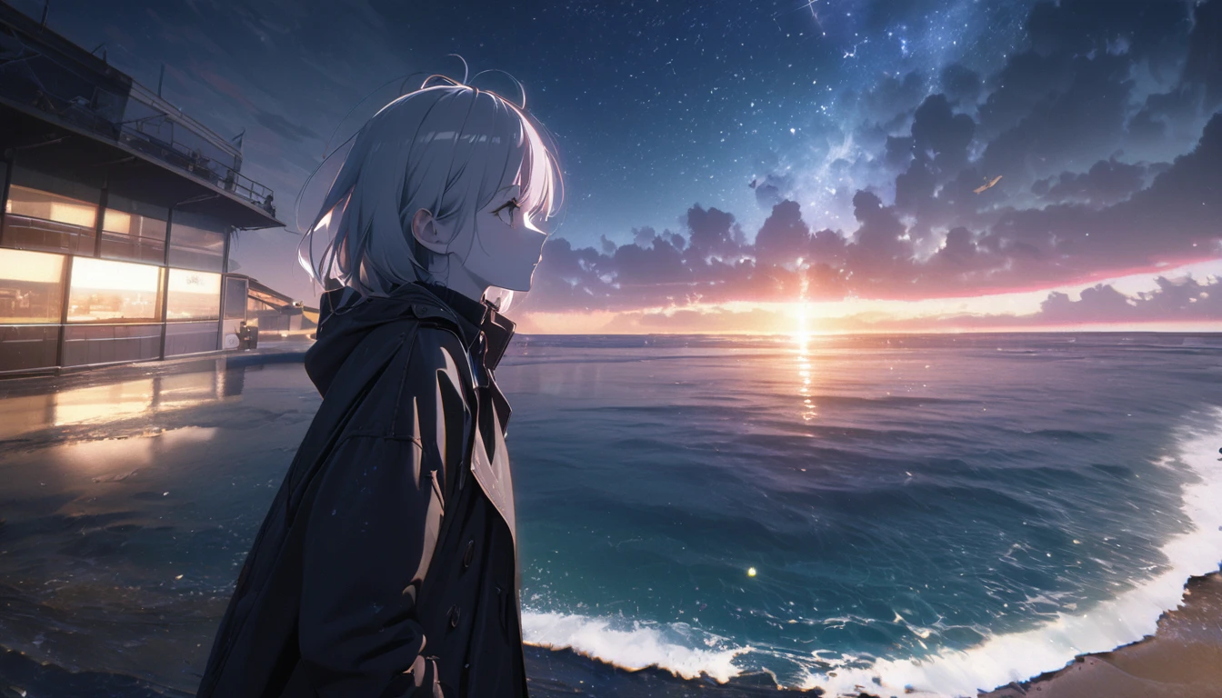 Starry Sky, After the Rain, horizon , in the sky,lens flare, rich and colorful,coat,Put your hands in your pockets,(student, 18 years old, ＪＫ, Her short silver hair flutters, Pale skin, Eyes lack luster) look up to the sky, Beautiful sky, There is an ocean,White Street,scenery is beautiful, 広いlook up to the sky, I see the wind blowing，In the shine, in the skyは正午の月と正午の星がある,From below, rest ,quality(8K,非常に精細なCGユニットのwallpaper, masterpiece,high resolution,top-quality,top-quality real texture skin,Surreal,提high resolution,original photo,最高quality,Very detailed,wallpaper,Cinema Lighting,Ray Tracing,Golden Ratio),Have a long-term vision