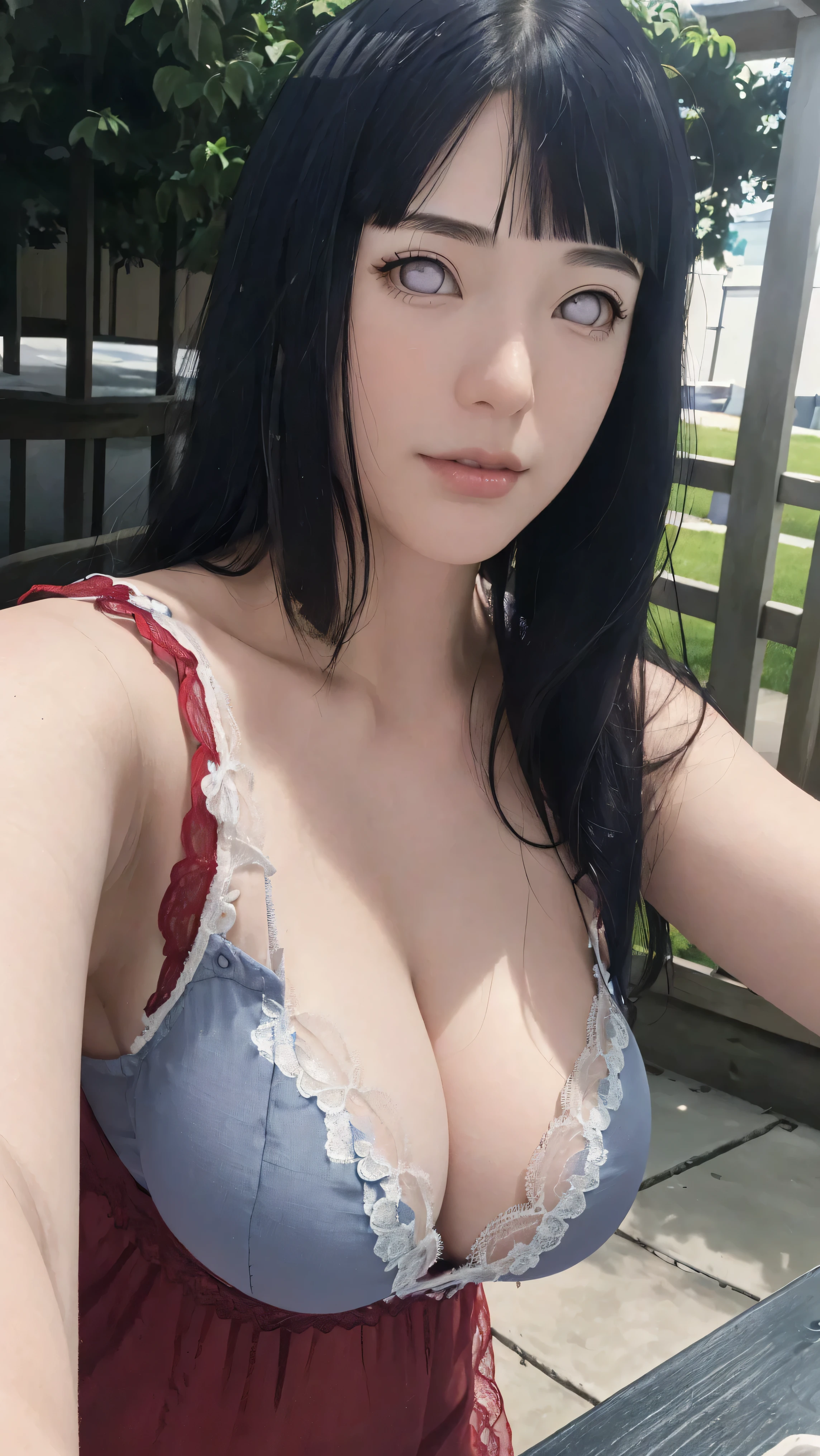 masterpiece, hinata\(boruto\), 1girl, mature women, (((red cotton lace nightgown))), (((Close-up photo))), (((Selfie))), (((Closed Clothing))), (((cleavage))), (((big breasts))), (((big round breasts))), (((round breasts))), (((extremely heavy breasts))), (((Colossal tits))), (((heavy breasts))), (((plump breasts))), (((perfect breasts))), (((Outdoor))), (shy face), detailed lips, beautiful face, blush, (pink lips), (((long hair))), white eyes, gentle gaze, smile, super realistic, detailed, realistic face and body, realistic hair, realistic eyes, realistic nose, realistic lips, seductive pose, (((straight bangs))), (dark blue hair), 28 year old girl