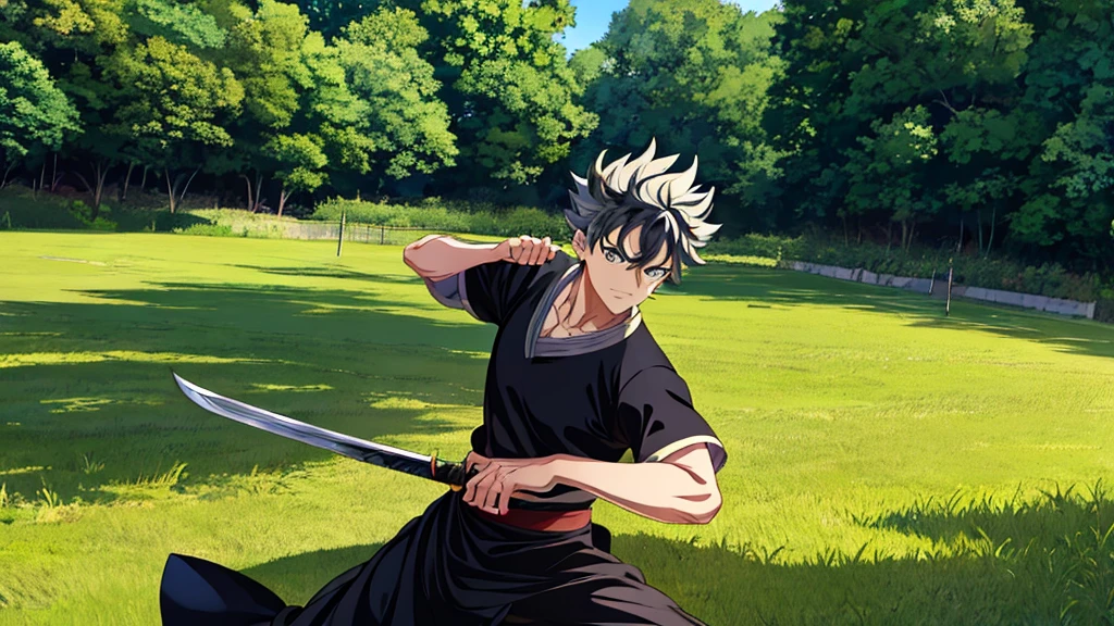 anime styling, Asta Black Clover, green field, martial arts training, antimagic book with sword coming out of it