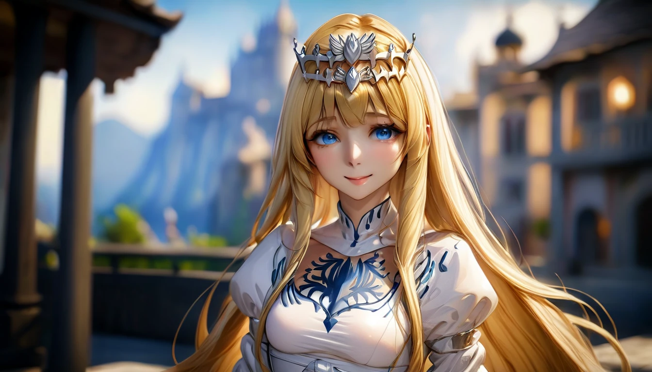 (highest quality, 8k, 32k, masterpiece, Ultra-high resolution):1.2, Blurred Background, Great photo with beautiful saturation, Ultra-high resolution,(Realistic:1.4)),Deep Shadow,(highest quality), ultra Realistic,32k,Highly detailed CG Unity, Expressive eyes, Perfect Face, Perfect Anatomy, Perfect body, scene, , Moisturized eyes down to the finest detail, Textured skin, highest quality, 8k, Blurred Background, smile, A woman with perfect style, , Look forward, Looking into the camera, 1girl,solo, calca, blonde hair, ,( extremely long hair:1.2), very long hair, extra long hair, white tiara, white dress, blue eyes,Calca Bessarez, medium breast,Calca