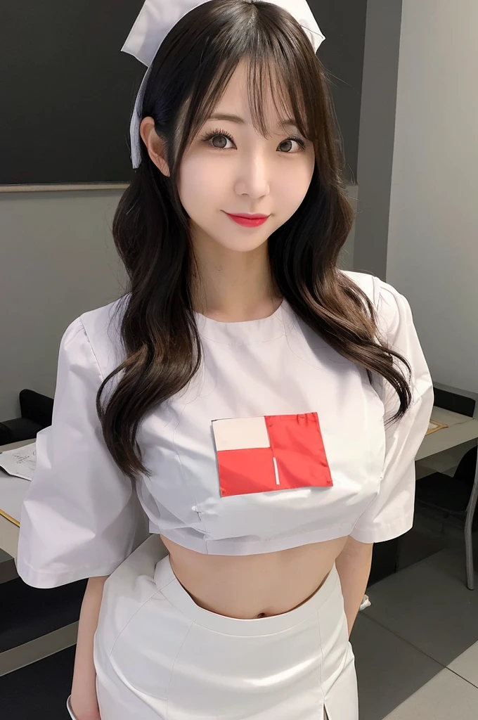 a nurse, japanese woman posing for a picture with a white half sleeve shirt and tight skirt on