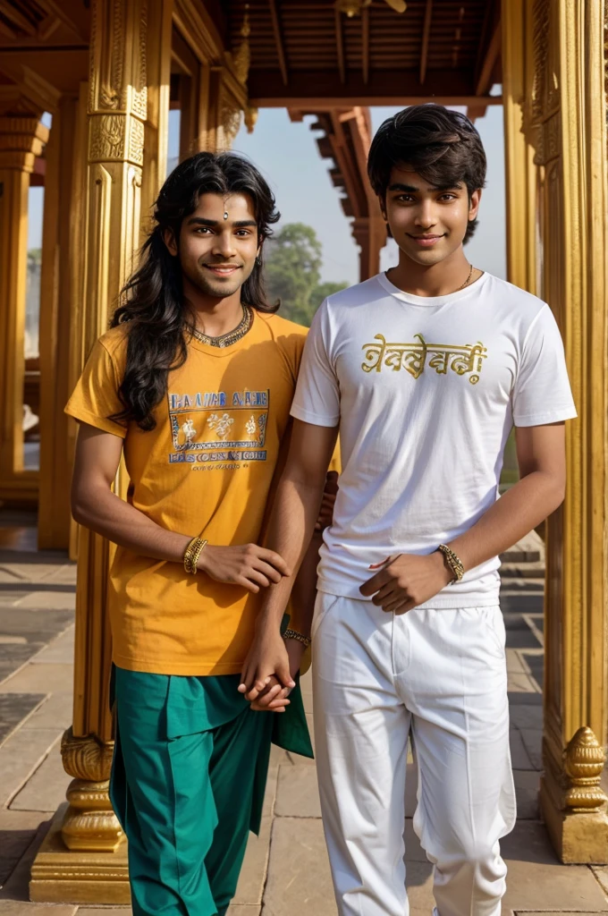 Imagine a picture where young Lord Rama, looking majestic with his bow, is holding hands with a teenage boy named Rohit. boy wearing a saffron-colored T-shirt with her name shiva" boldly written in white letters, is smiling at Lord Rama, the background is of interior of a beautiful temple with "HAPPY RAM NAVAMI" is written in big letters, adding to the festive atmosphere, text should be correct and visible.
