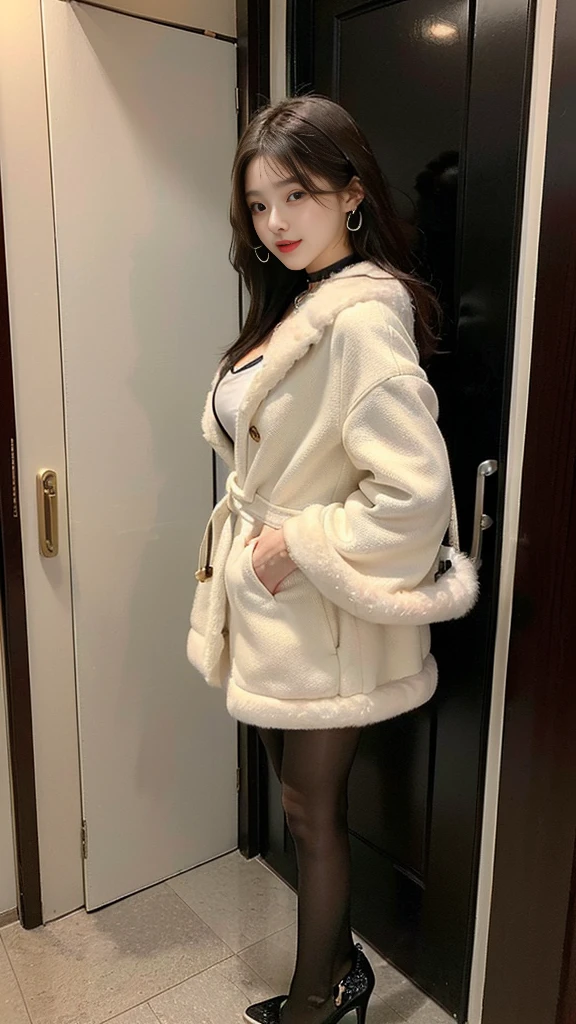 (((NFSW : 1.2))), (((pornography))), (realistic), (intricate details:1.2), (masterpiece、:1.3), (top quality:1.4), (Ultra A high resolution:1.2), Ultra A high resolution, 8K resolution, very detailed expression, dark, (high quality), complete anatomy, natural anatomy, full body photo, (한 한국여성이 오피스텔 현관을 들어오면서 한쪽 다리를 옆으로 슬쩍 들어올려 하이힐을 벗는 중에 있습니다. : 1.6), (그녀는 오피스텔로 신발을 벗고 들어오고 있습니다. :1.6), (그녀의 시선은 자신의 발끝을 향합니다:1.4), she is 21 years old, (call girl:1.5), (prostitute: 1.5), (she is korean:1.6), (beautiful : 1.4), (Dyed fancy colored hair banging), (big earrings), heavy makeup, Confusing wording, choker necklace, long legs, (a girl weared slim feminine dress and pantyhose. : 1.4), (a girl weared strappy high heels :1.4), (a girl is wearing a fur jacket :1.4), (She is carrying a woman's bag : 1.4), (남자들은 그녀를 기다리고 있습니다 : 1.4), (남자들의 시점 :1.4), glowing skin,(eye contact each other :1.4),(She being caught and sexually harassed by 2 men : 1.5), (the front door of the hotel room : 1.6), (detailed background:1.2),(She has fun with several Korean men : 1.4),