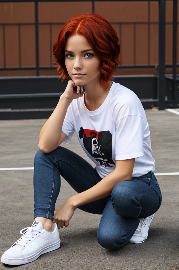 short , red hair with black , black eyes , blue jeans,coffee t-shirt ,white tennis shoes