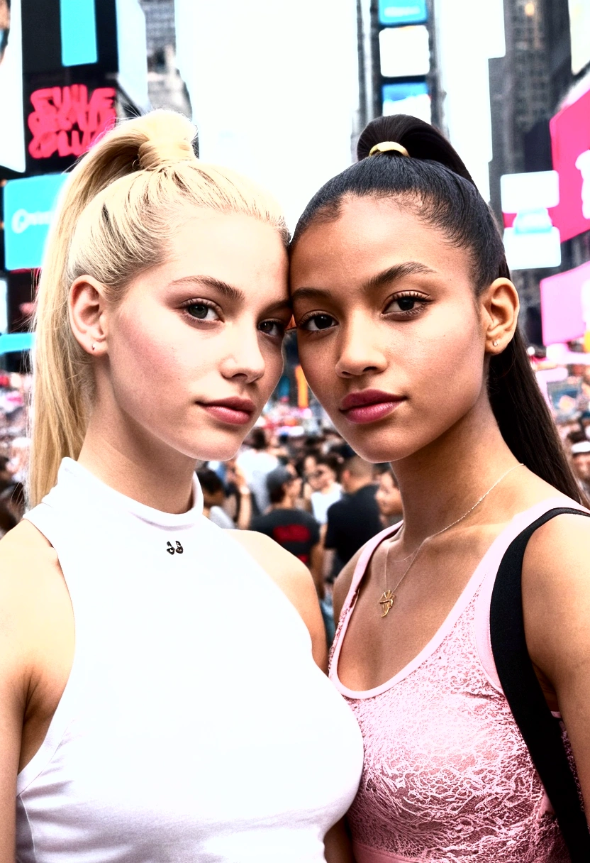 Photo de 2 femme. La première est une femme noire subsaharienne cheveux aux épaules en ponytail, yeux marrons , traits de visage fins streetwear style, crop top blanc, photo prise au milieu de time square en selfie ,sac rose plumée à l'épaule droite, femme d'une vingtaine d'années et la deuxieme femme est son amie blonde à coté d'elle. Elles tirent leur langues en se regardant. La copine blonde a un top rouge et est très belle