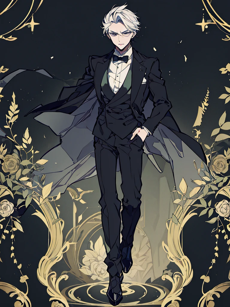A man with an attractive and mysterious appearance. wearing an elegant dark suit, complete with a neat black tie. His hair is white and regular, creating a firm yet mysterious impression. Sharp eyes imply intelligence and deep observation. an aura of strong self-confidence, which conveys a figure that is not easy to approach but is very strong.