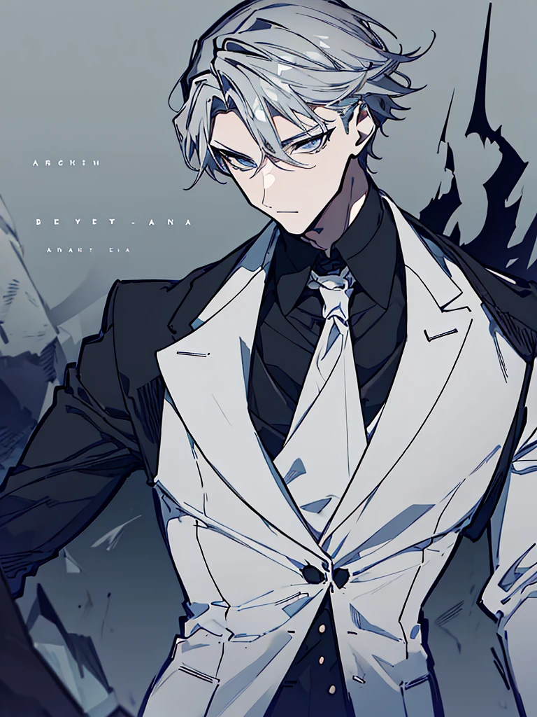 A man with an attractive and mysterious appearance. wearing an elegant dark suit, complete with a neat black tie. His hair is white and regular, creating a firm yet mysterious impression. Sharp eyes imply intelligence and deep observation. an aura of strong self-confidence, which conveys a figure that is not easy to approach but is very strong.