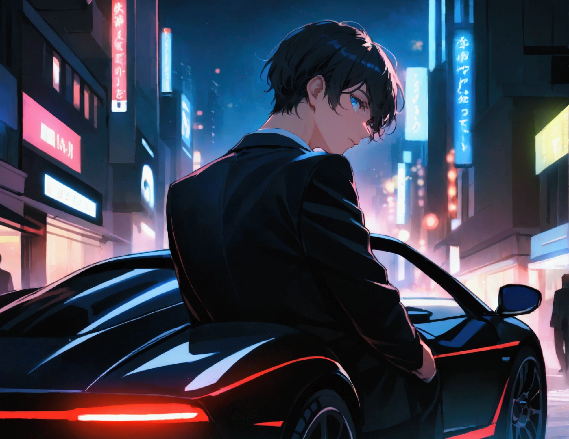 A young man with dark hair and blue eyes in a black suit turned his back and half his face in the middle of the city, leaning on a sports car at night.