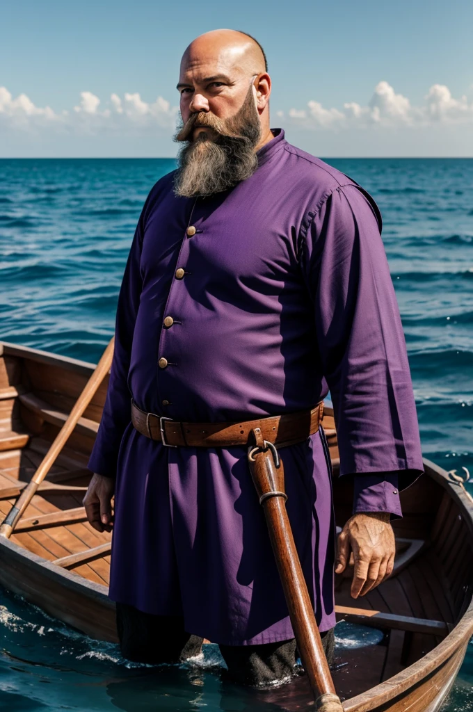 Biblical character violet beard bald violet beard standing in a boat in the middle of the sea 