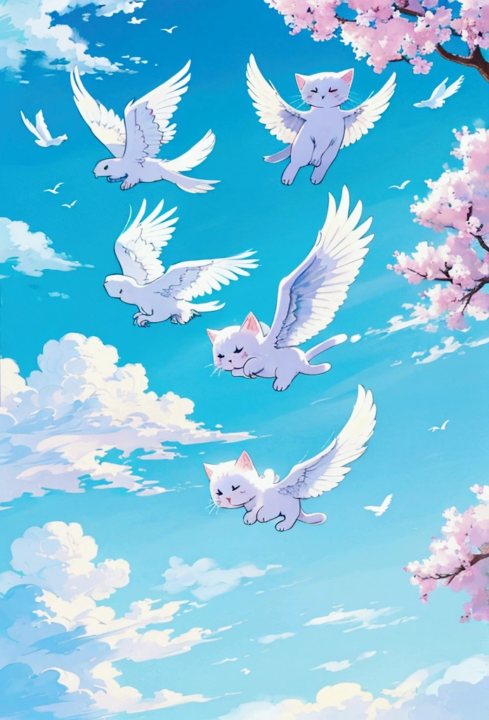 Imaginary creatures、cute、Flying in the sky、Feathered、White Creature、Cat-oriented