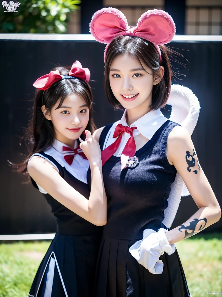 (A super cute Korean high school girl duo dressed up as Mickey Mouse takes a photo 1.2)(grin,Smile)(Beautiful Sweat:1.1)(16K, RAW Photos, Highest quality, masterpiece: 1.2),(Beautiful short bob hair with even bangs, black hair) Super detailed, Super Resolution, (Genuine, Genuine photos: 1.37), Portraiture, High-resolution RAW color photos, Professional photos, Very detailed, 8k wallpaper, Very detailed CG Unity 8k wallpaper, Very detailed beautiful girls, Very detailed faces, ((whole body)), beautiful woman, Huge breasts,(huge boobs:1.1) (Big Boobs:1.1), Beauty college student( (A tight, girly, navy sleeveless  with ribbon),) (Mickey Mouse headband),high school girl, Korean Girls,(K-POP Female Idols), (Idol-class beauty)(Beautiful high school girl:1.1)(Disneyland)(18-year-old)(Stylish school uniform-style outfit:1.1)(Group photo:1.1)(Tattoo,Tattoo:1.2)