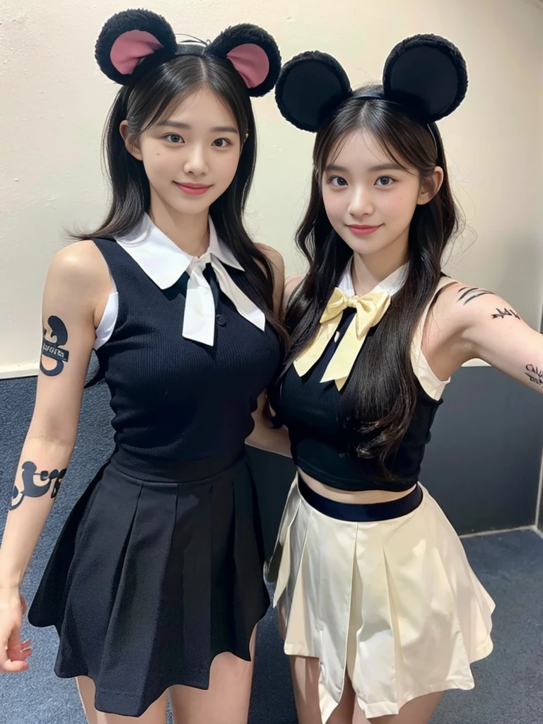 (A super cute Korean high school girl duo dressed up as Mickey Mouse takes a photo 1.2)(grin,Smile)(Beautiful Sweat:1.1)(16K, RAW Photos, Highest quality, masterpiece: 1.2),(Beautiful short bob hair with even bangs, black hair) Super detailed, Super Resolution, (Genuine, Genuine photos: 1.37), Portraiture, High-resolution RAW color photos, Professional photos, Very detailed, 8k wallpaper, Very detailed CG Unity 8k wallpaper, Very detailed beautiful girls, Very detailed faces, ((whole body)), beautiful woman, Huge breasts,(huge boobs:1.1) (Big Boobs:1.1), Beauty college student( (A tight, girly, navy sleeveless  with ribbon),) (Mickey Mouse headband),high school girl, Korean Girls,(K-POP Female Idols), (Idol-class beauty)(Beautiful high school girl:1.1)(Disneyland)(18-year-old)(Stylish school uniform-style outfit:1.1)(Group photo:1.1)(Tattoo,Tattoo:1.2)