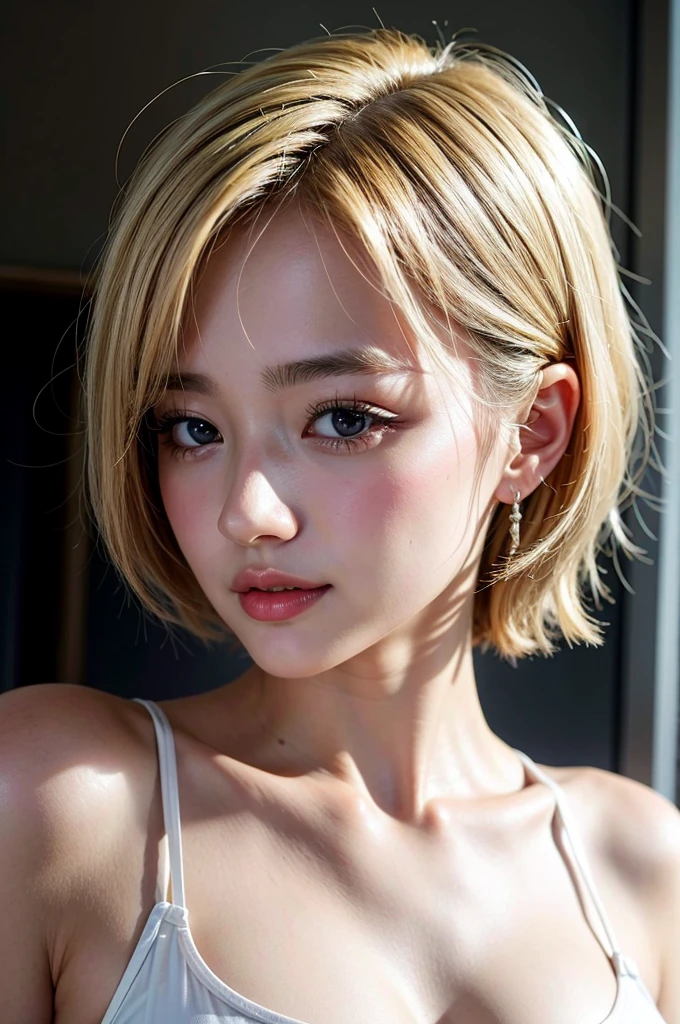 raw photo,Cute 25 year old Japanese、city、shopping、Highly detailed face、Pay attention to the details、double eyelid、Beautiful thin nose、Sharp focus:1.2、Beautiful woman:1.4、Shibuya-style gal、(Blonde Hair,short hair、),short blonde hair、Pure white skin、Highest quality、masterpiece、Ultra-high resolution、(Realistic:1.4)、非常に詳細でプロフェッショナルなillumination、nice smile、Large Breasts、Hcup bust、full body、Glamorous Black Camisole、The background is night、Night、illumination、Twilight、one girl