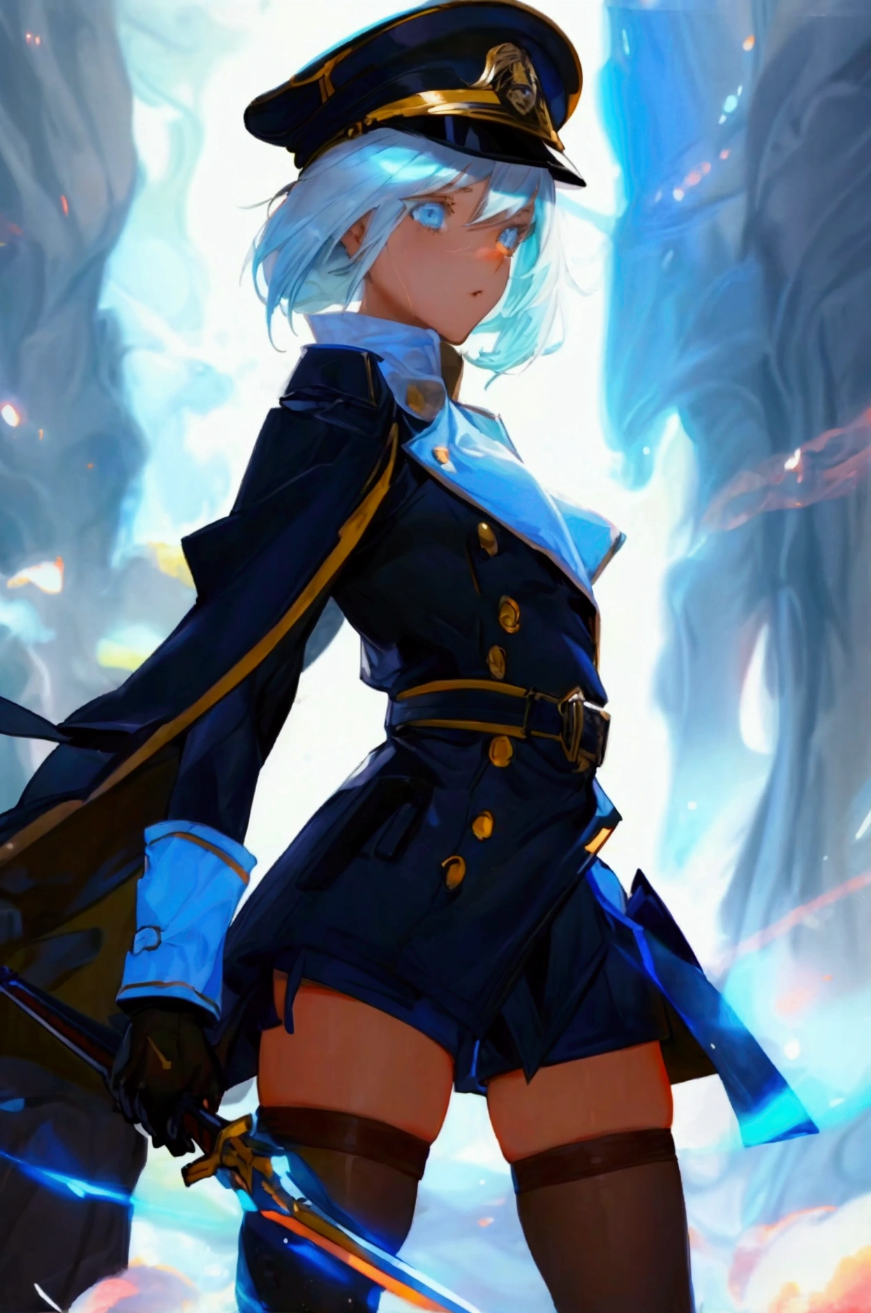 1female, a female commander, (white hair with a shade of glowing light blue on her hair), a short ponytail hair, wearing a captain hat, wearing a uniform with dark blue and long trench coat outside, shorts with exposed thighs, wielding a sword with flowing blue energy on her hand, an epic stance, masterpiece, light novel illustrations, sci-fi game, beautiful space background with contrast lens flare