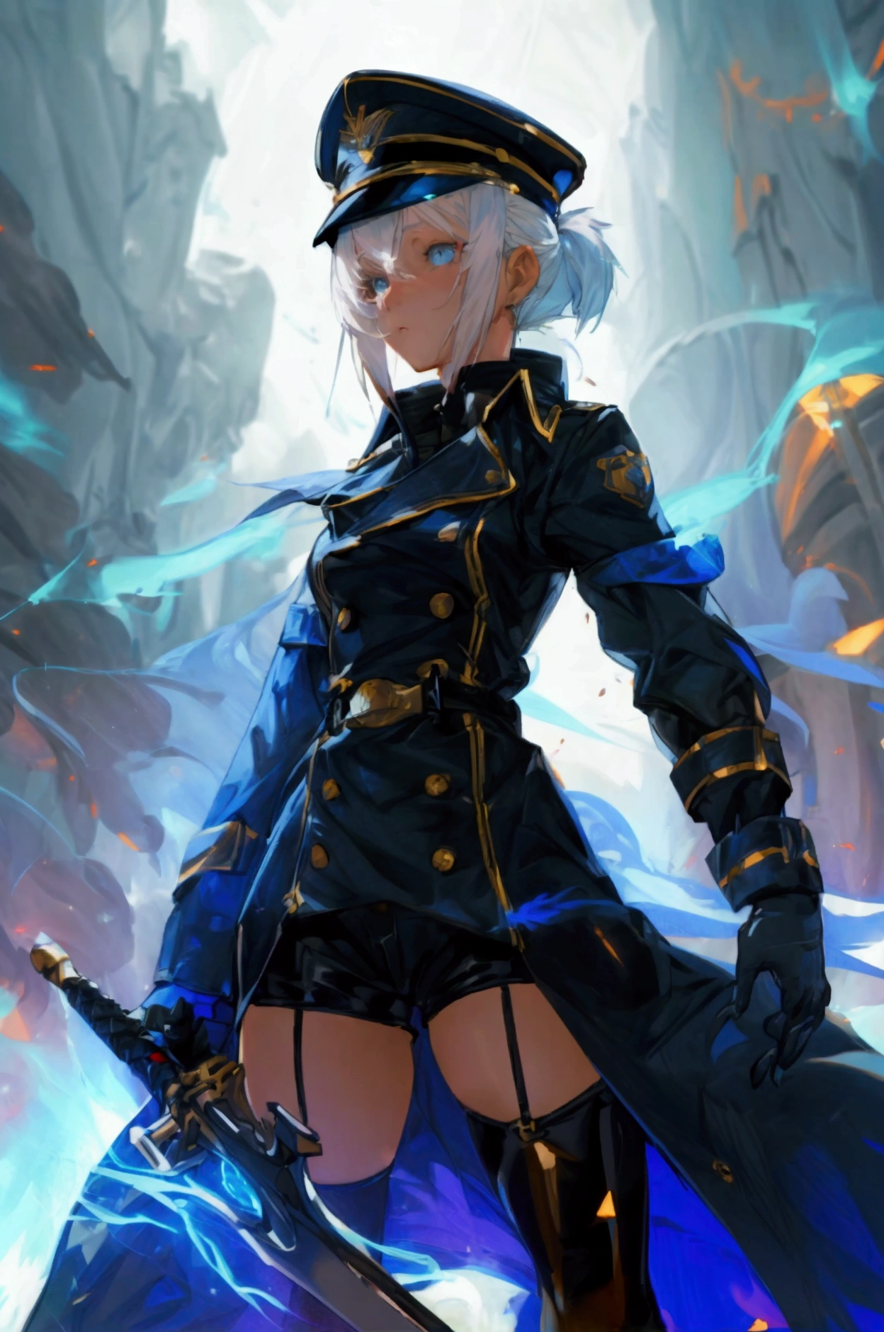 1female, a female commander, (white hair with a shade of glowing light blue on her hair), a short ponytail hair, wearing a captain hat, wearing a uniform with dark blue and long trench coat outside, shorts with exposed thighs, wielding a sword with flowing blue energy on her hand, an epic stance, masterpiece, light novel illustrations, sci-fi game, beautiful space background with contrast lens flare