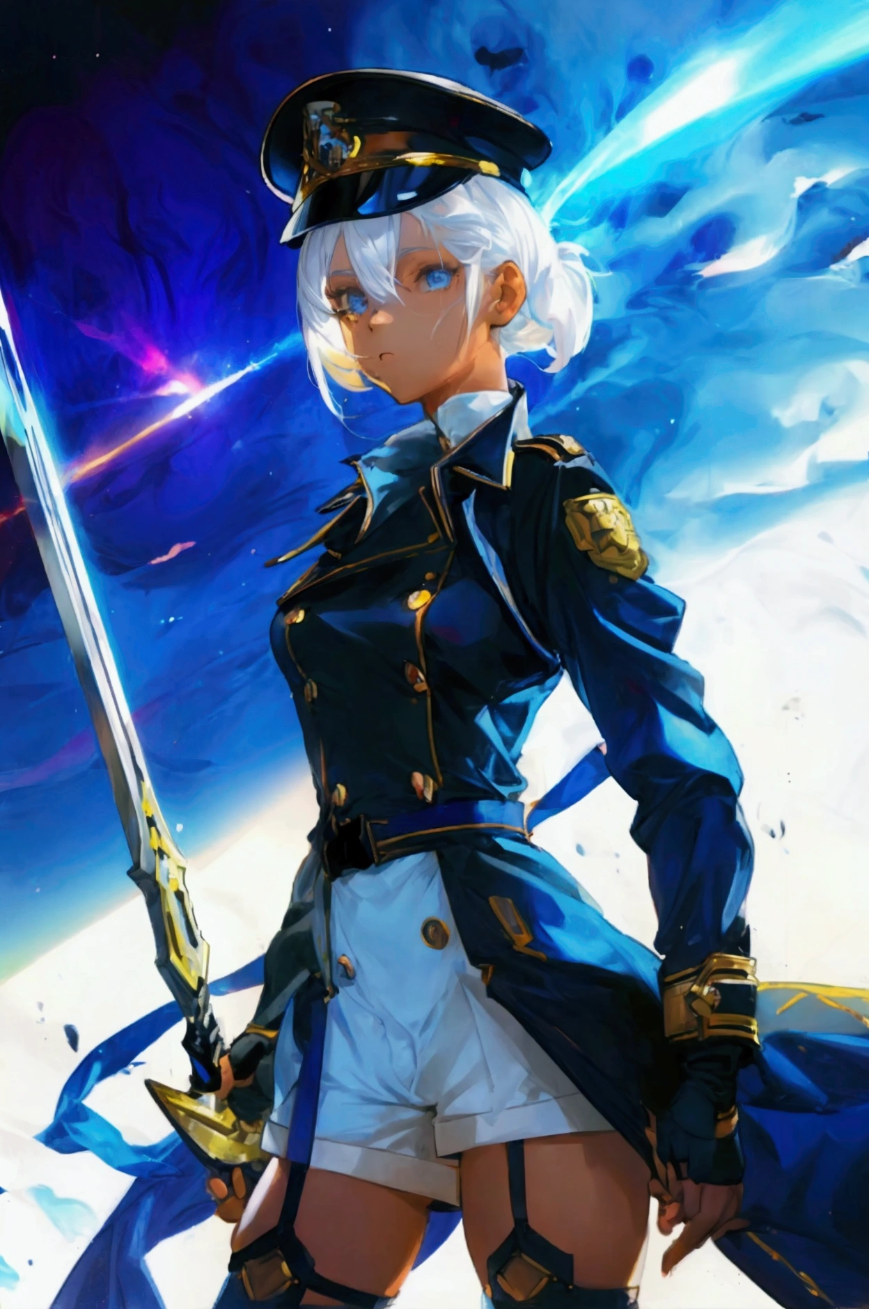 1female, a female commander, (white hair with a shade of glowing light blue on her hair), a short ponytail hair, wearing a captain hat, wearing a uniform with dark blue and long trench coat outside, shorts with exposed thighs, wielding a sword with flowing blue energy on her hand, an epic stance, masterpiece, light novel illustrations, sci-fi game, beautiful space background with contrast lens flare