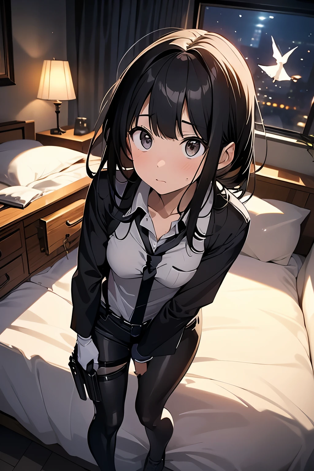 1 female, , high quality, masterpiece, Ultra-high resolution, , Cinema Lighting, , , And the suspenders with the cranes flying Moderate breasts Small face holster Lying in bed Looking up Sweat belt summer 脇Sweat Black Hole Gloves suit shirt Black jacket Black trousers Leg Links ズボンにbelt holster Hands behind your back Anxious expression Looking up Anxious face, legs apart