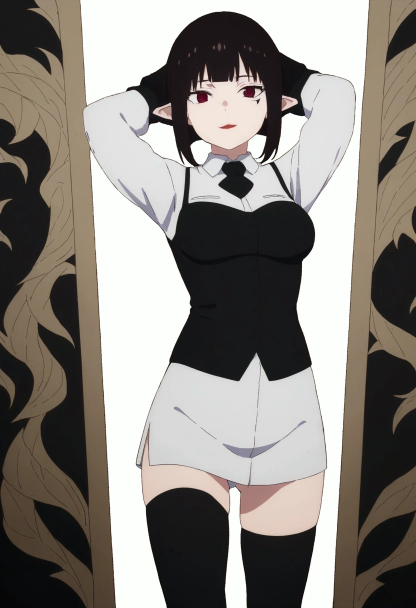(work of art, ultra detali,high resolution,8K), 1 girl ,standing alone,hinterland,Look to viewer, TochaTortura, trunk,sheen,brunette skin,crouched,sultry gaze,Hands behind the head,black socks,ssmile,lowered,crouched