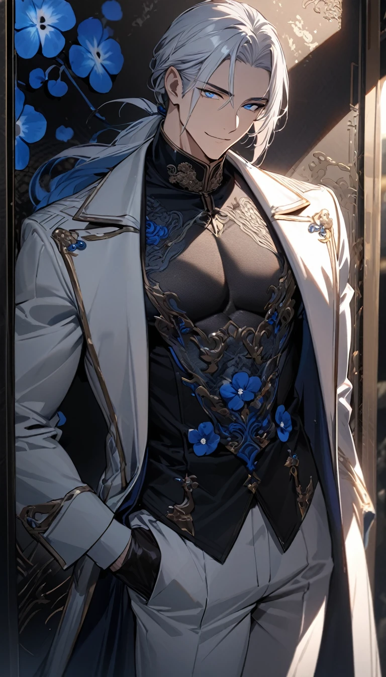 (masterpiece:1.5)，Highest quality，(1 handsome man)，alone，White medium length hair，Low Ponytail，(blue eyes), (A kind smile)，elegant，Perfect Face，fantasy chinese style，Long black trench coat，white and blue cloth，Intricate clothing designs incorporating Chinese elements，Black Leather Gloves，White lining，White suit pants，rather muscular body，expensive，8K，Beautiful contrast of light and shadow，Dark luxury background，(Full upper body)，Positive face，((Nemophila))，Luxury Screen，blue flower