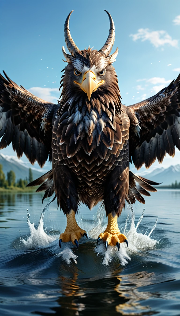 Panorama,There is a beast on the water,Looks like an eagle,The head has double horns(best quality,4K,8K,High level,masterpiece:1.2),Ultra Detailed,(lifelike,Photo real,Photo real:1.37),Highly detailed animals,Complex patterns,Realistic lighting,Fantasy Creatures