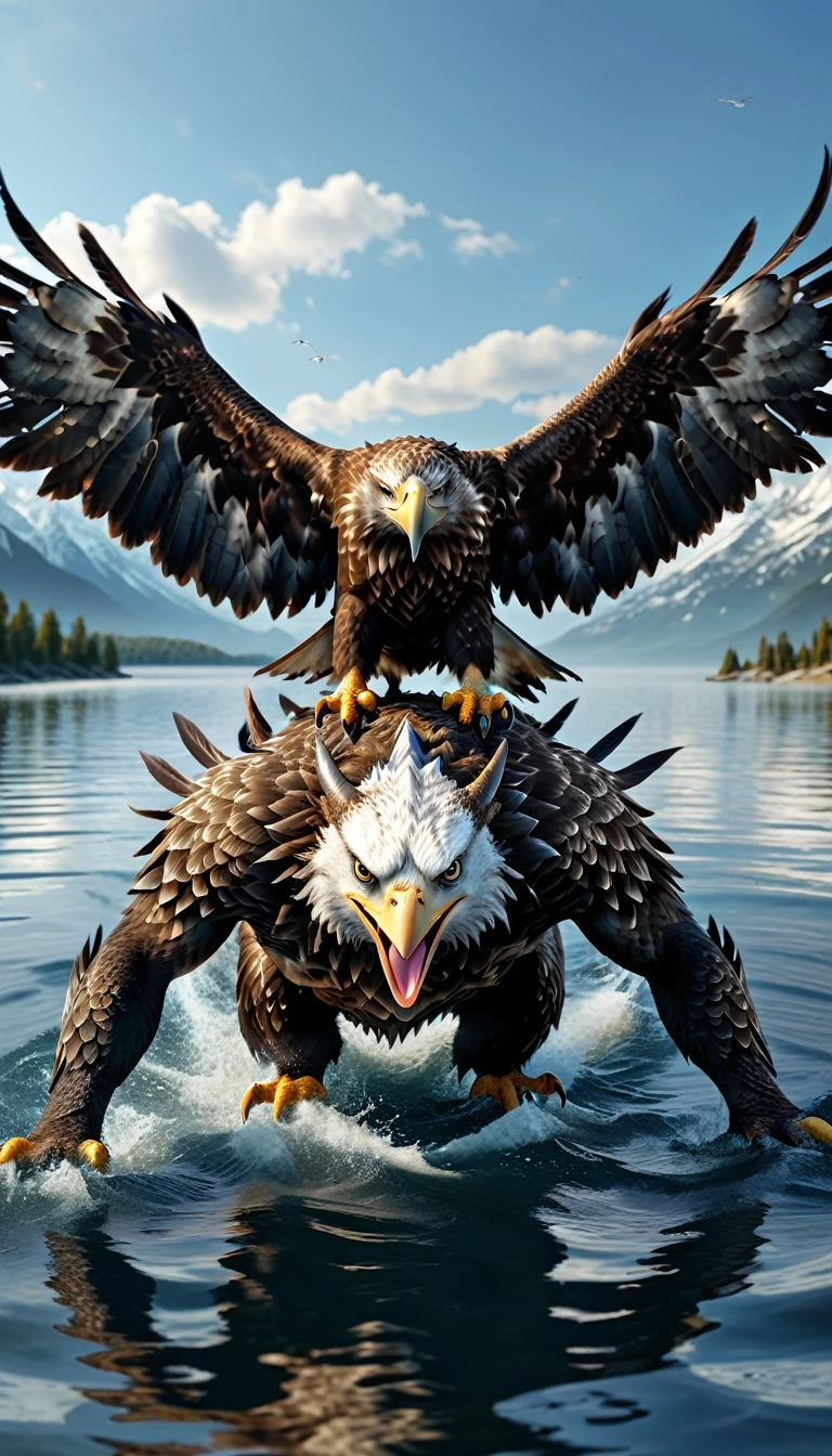 Panorama，There is a beast on the water，Looks like an eagle，The head has double horns（best quality，4K，8K，High level，masterpiece：1.2），Ultra Detailed，（lifelike，Photo real，Photo real：1.37），Highly detailed animals，Complex patterns，Realistic lighting，Fantasy Creatures
