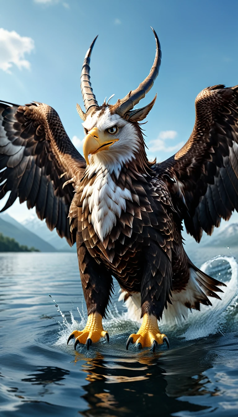 Panorama，There is a beast on the water，Looks like an eagle，The head has double horns（best quality，4K，8K，High level，masterpiece：1.2），Ultra Detailed，（lifelike，Photo real，Photo real：1.37），Highly detailed animals，Complex patterns，Realistic lighting，Fantasy Creatures