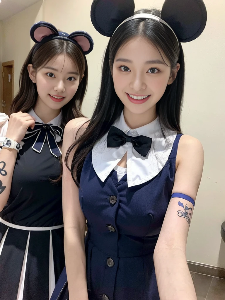 (A super cute Korean high school girl duo dressed up as Mickey Mouse takes a photo 1.2)(grin,Smile)(Beautiful Sweat:1.1)(16K, RAW Photos, Highest quality, masterpiece: 1.2),(Beautiful short bob hair with even bangs, black hair) Super detailed, Super Resolution, (Genuine, Genuine photos: 1.37), Portraiture, High-resolution RAW color photos, Professional photos, Very detailed, 8k wallpaper, Very detailed CG Unity 8k wallpaper, Very detailed beautiful girls, Very detailed faces, ((whole body)), beautiful woman, Huge breasts,(huge boobs:1.1) (Big Boobs:1.1), Beauty college student( (A tight, girly, navy sleeveless  with ribbon),) (Mickey Mouse headband),high school girl, Korean Girls,(K-POP Female Idols), (Idol-class beauty)(Beautiful high school girl:1.1)(Disneyland)(18-year-old)(Stylish school uniform-style outfit:1.1)(Group photo:1.1)(Tattoo,Tattoo:1.2)
