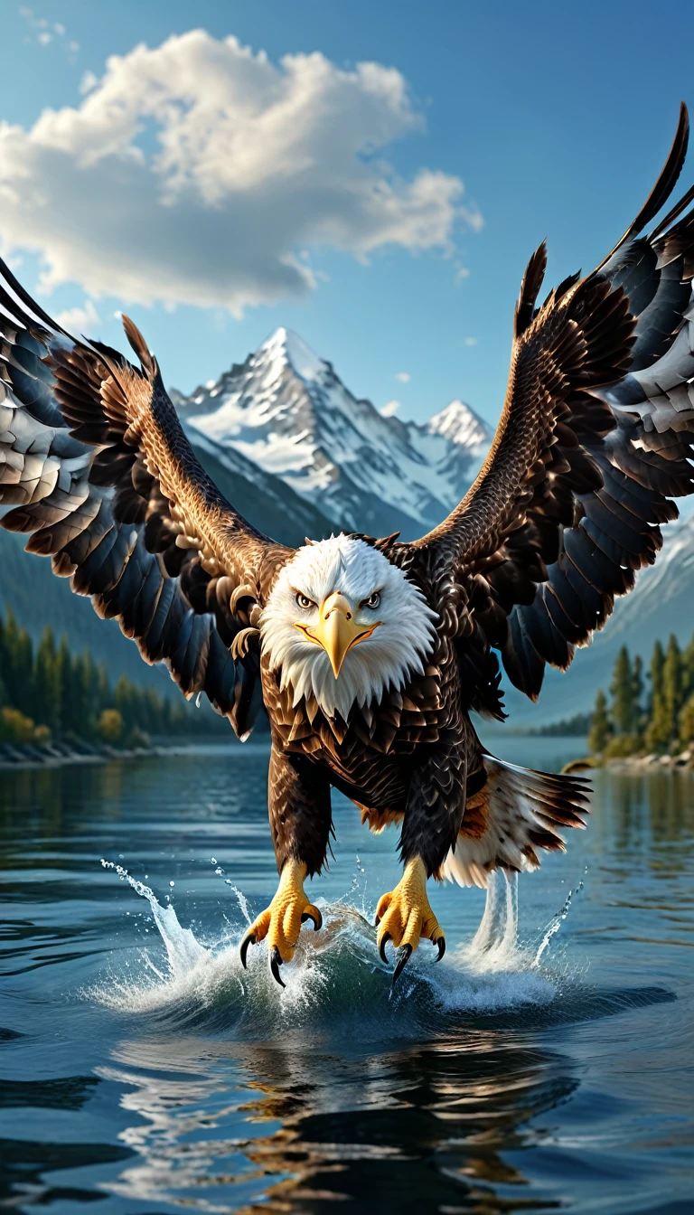 Panorama,There is a beast on the water,Looks like an eagle,The head has double horns(best quality,4K,8K,High level,masterpiece:1.2),Ultra Detailed,(lifelike,Photo real,Photo real:1.37),Highly detailed animals,Complex patterns,Realistic lighting,Fantasy Creatures