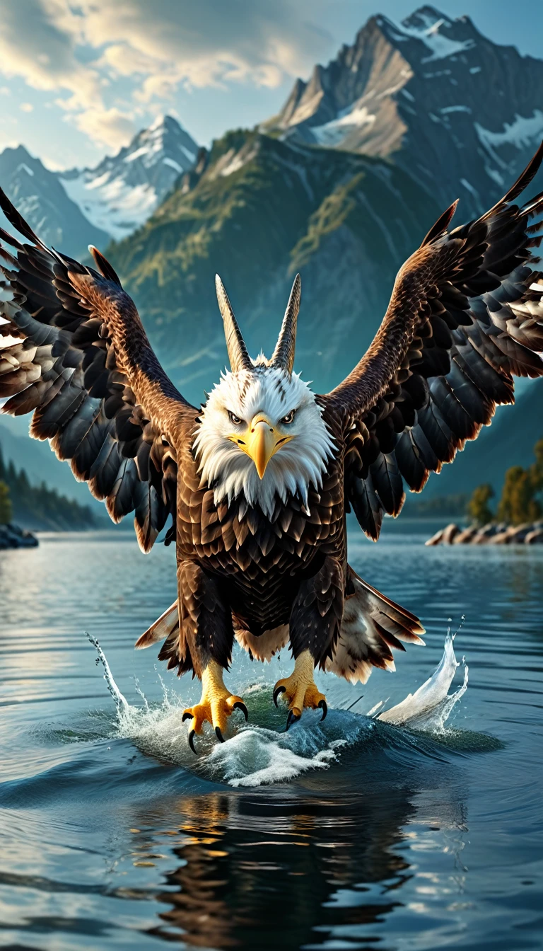 Panorama，There is a beast on the water，Looks like an eagle，The head has double horns（best quality，4K，8K，High level，masterpiece：1.2），Ultra Detailed，（lifelike，Photo real，Photo real：1.37），Highly detailed animals，Complex patterns，Realistic lighting，Fantasy Creatures