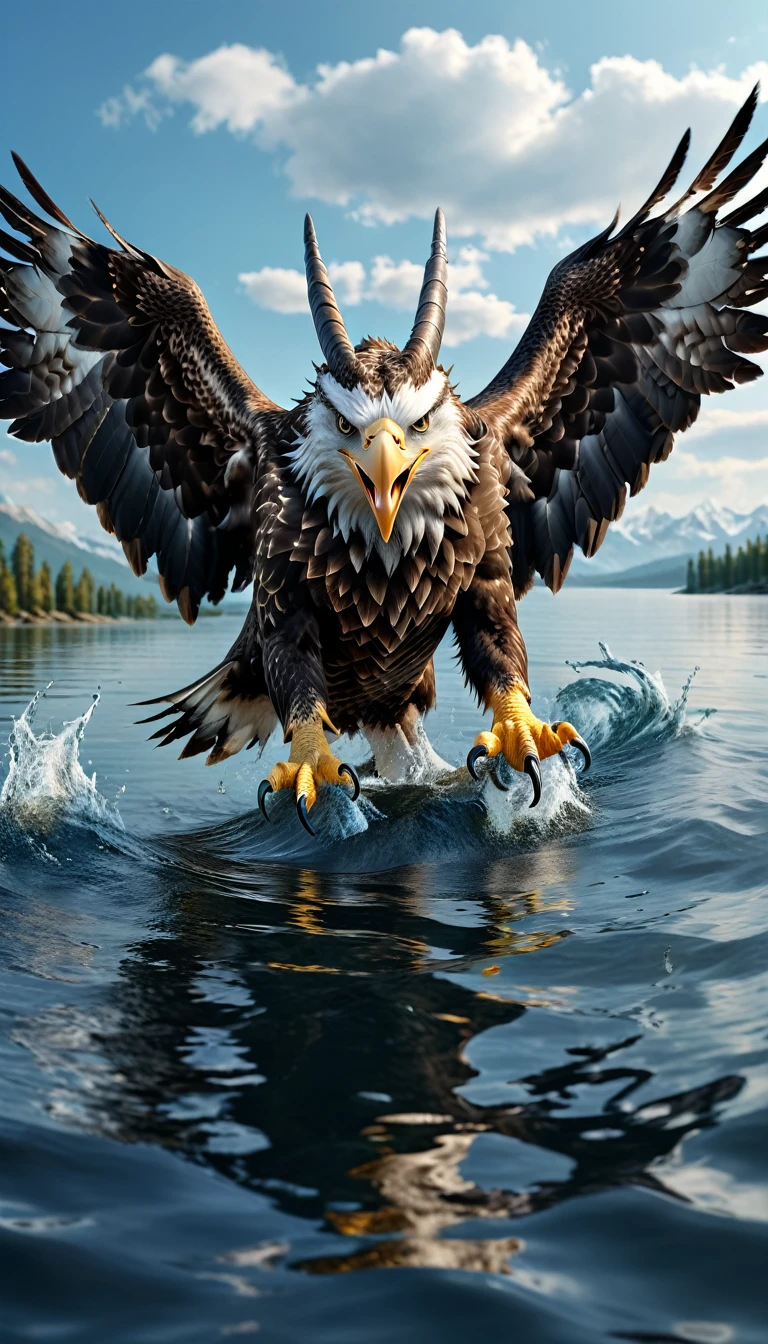 Panorama,There is a beast on the water,Looks like an eagle,The head has double horns(best quality,4K,8K,High level,masterpiece:1.2),Ultra Detailed,(lifelike,Photo real,Photo real:1.37),Highly detailed animals,Complex patterns,Realistic lighting,Fantasy Creatures