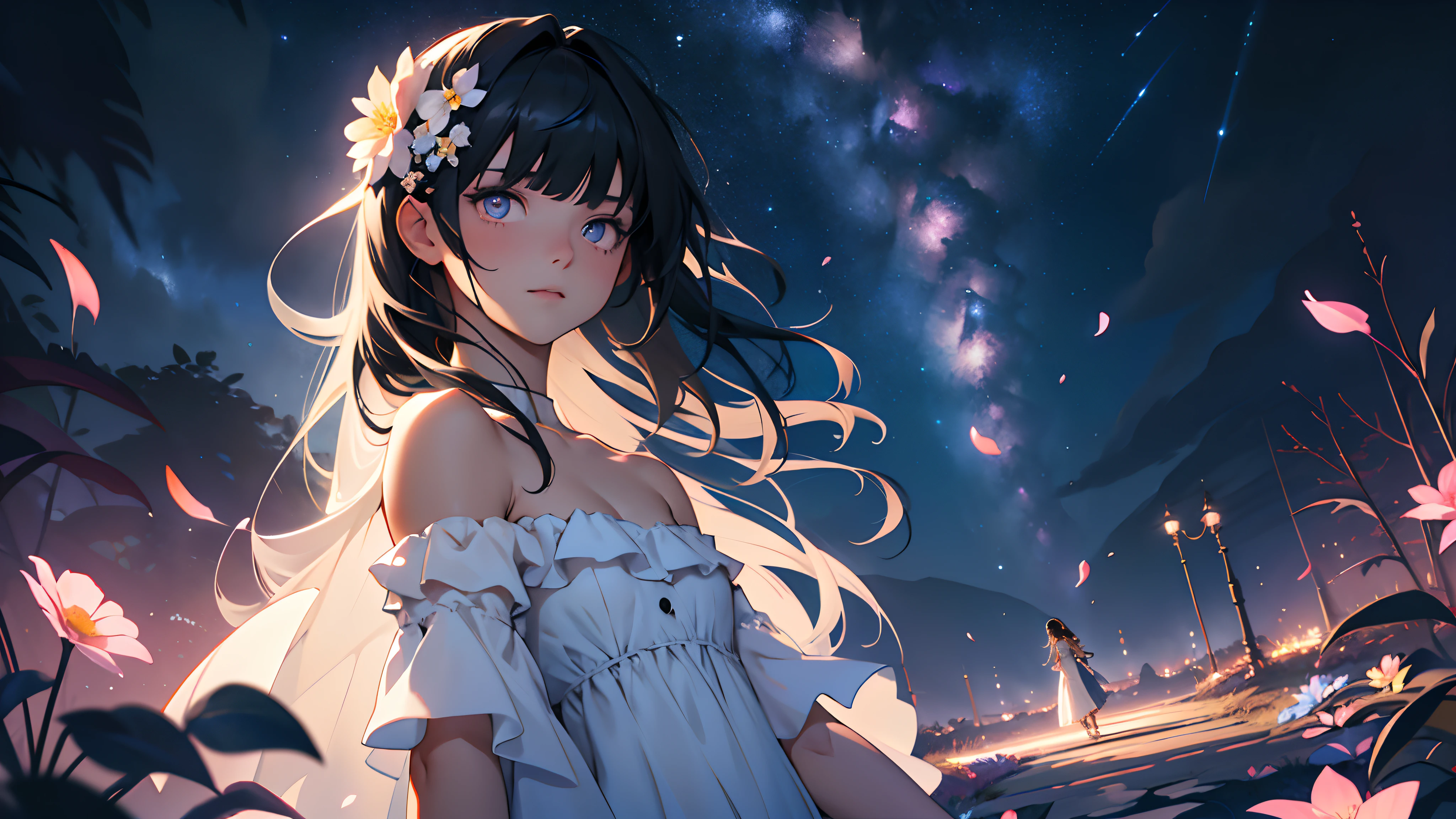 Impasto,Animecore,Moonbeams,Fairy light,Full Body Portrait,Nightography,Third-Person View,Full Length Shot(FLS), masterpiece,best quality,official art, extremely detailed CG unity 8k wallpaper,highly detailed,absurdres,8k resolution,Soft Lighting,Moody Lighting,Cinematic Lighting,Beautiful Lighting,prefect face,exquisite facial features,,adorable girl,doll,night,meteor shower,flower sea,muted color,partially colored,off-shoulder dress,white dress,slit pupils,beautiful detailed eyes,expressionless,long hair,black hair,swept bangs,long bangs,hair_flower,flower_petals,Bare shoulders,looking away,holding flower