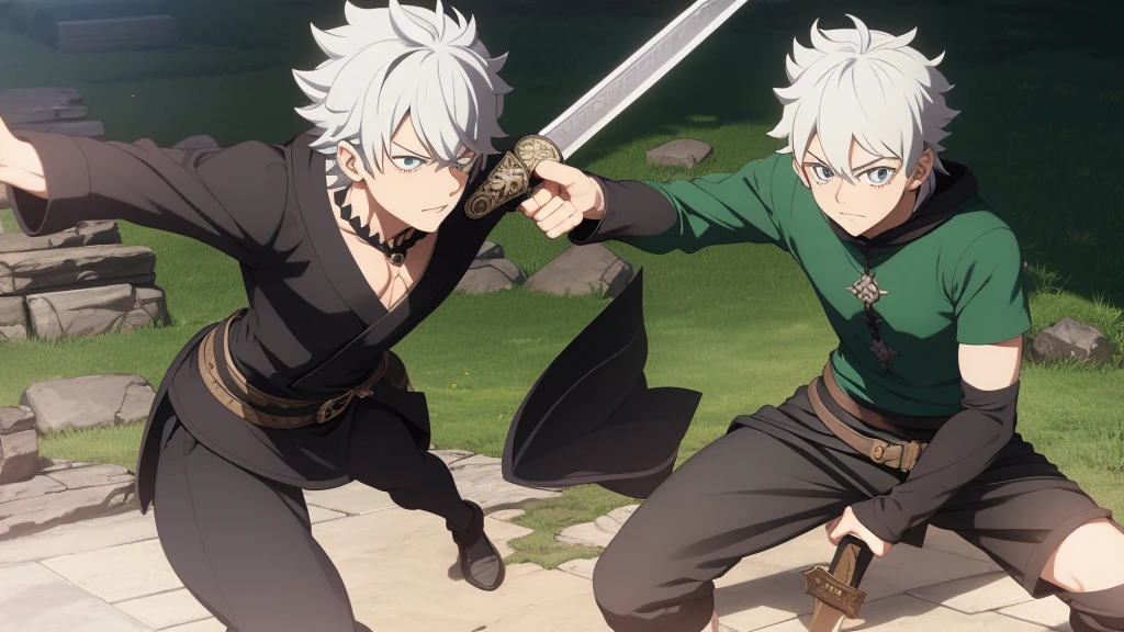anime styling, Asta Black Clover, green field, martial arts training, antimagic book with sword coming out of it