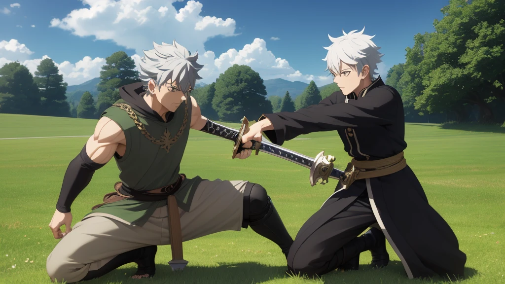 anime styling, Asta Black Clover, green field, martial arts training, antimagic book with sword coming out of it